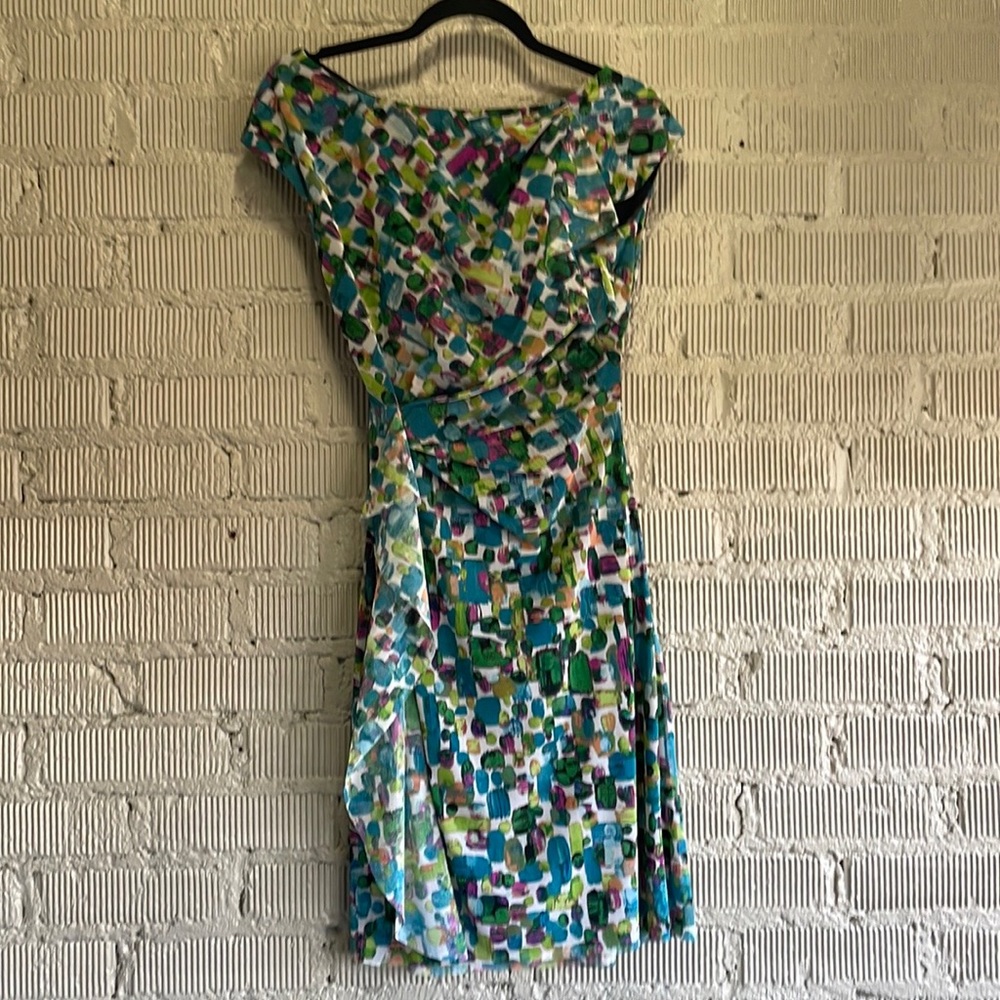 Kay Unger blue green multi work dress